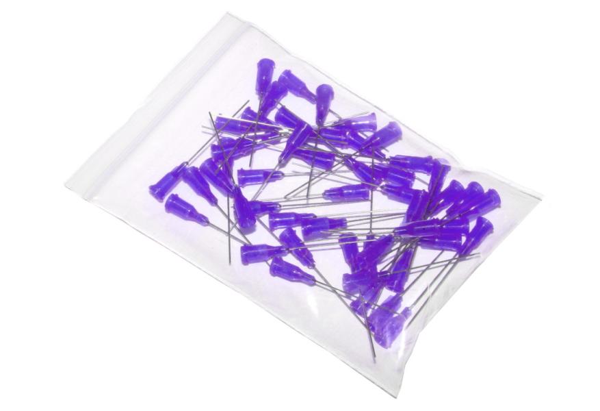 Przyklejane igły dozujące z kaniulą ze stali nierdzewnej 38,1mm fioletowe 21G 50szt