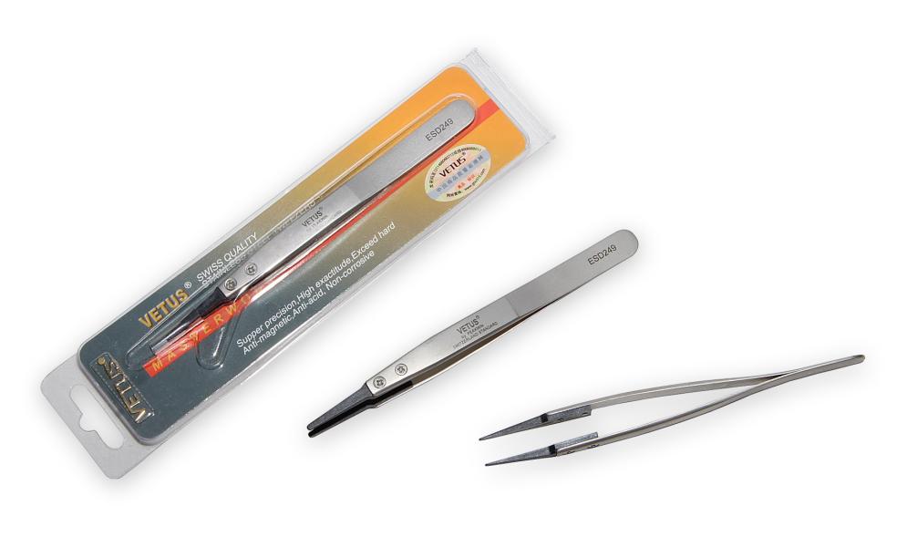 Antystatyczna pęseta ze stali nierdzewnej VETUS ESD-249 z końcówką z PPS