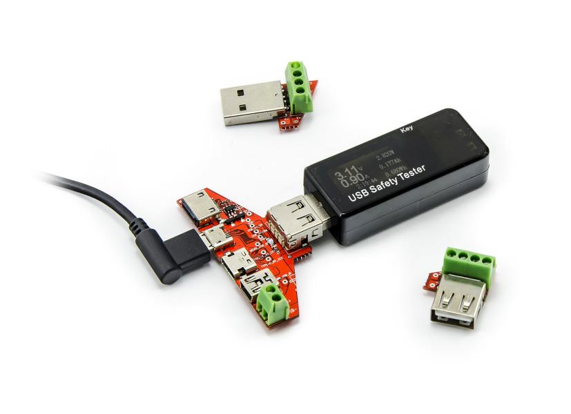 Tester USB z reduktorami Lightning, USB-C, mini i micro USB, 3-30V, 0-5A