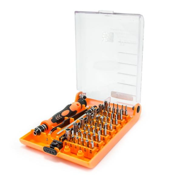 Zestaw śrubokrętów i 42 końcówki, w tym specjalne końcówki zabezpieczające