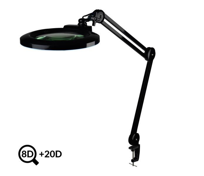 Czarna regulowana lampa LED ze szkłem powiększającym IB-178, średnica 178 mm, 8D+20D