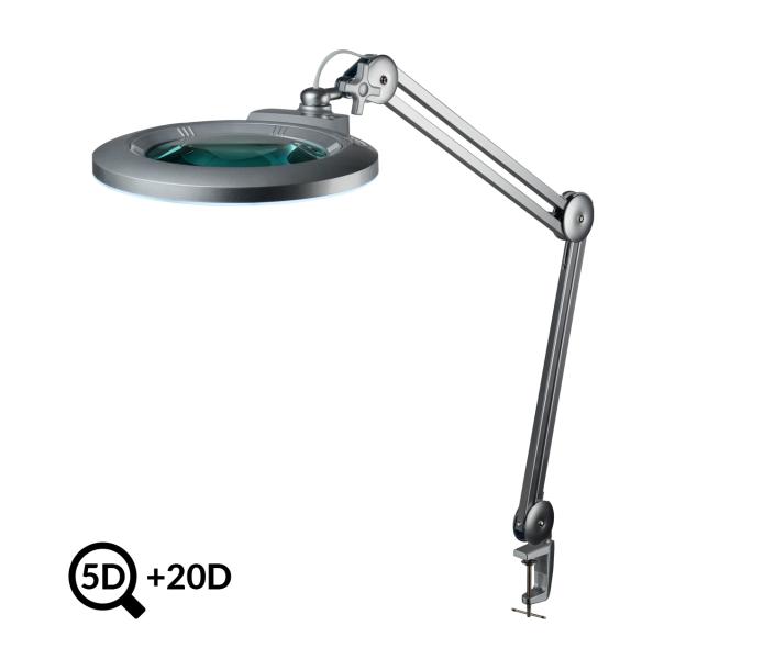 Szara lampa stołowa z lupą IB-178, średnica 178mm, 5D+20D