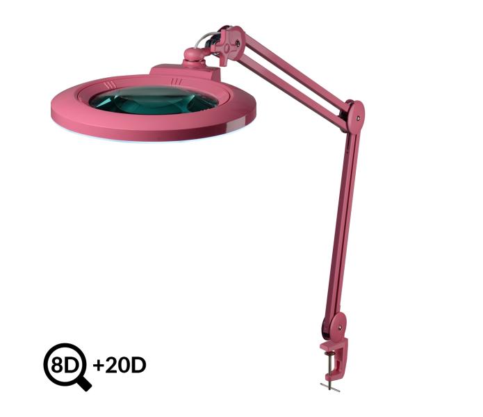 Różowa kosmetyczna lampa LED z lupą IB-178, średnica 178 mm, 8D+20D